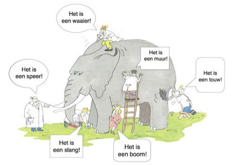 Cartoon met de naam 'de blinden en de olifant', die de verschillende perspectieven van mensen illustreert. Je ziet een olifant met eromheen 6 geblinddoekte mensen. Het is een touw, zegt de persoon die de staart voelt. Het is een muur, zegt persoon die de zijkant voelt. Het is een boom, zegt de persoon die de voorpoot voelt. Het is een slang, zegt de persoon die de slurf voelt. Het is een speer, zegt de persoon die de slagtand voelt. Het is een waaier, zegt de persoon die het oor voelt. slagtand voelt zegt: het is een speer. en de persoon die het oor voelt, zegt: Het is een waaier.