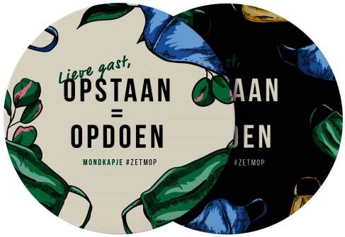 Bierviltje met de tekst Lieve gast, Opstaan=opdoen. Mondkapje #zetmop