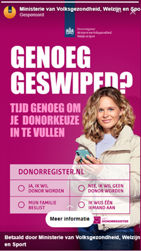 Advertentie op sociale media: Genoeg geswiped? Tijd genoeg om je donorkeuze in te vullen